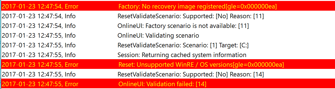 Factory: No recovery image registered[gle=0x000000ea] Reset: Unsupported WinRE / OS versions[gle=0x000000ea]
