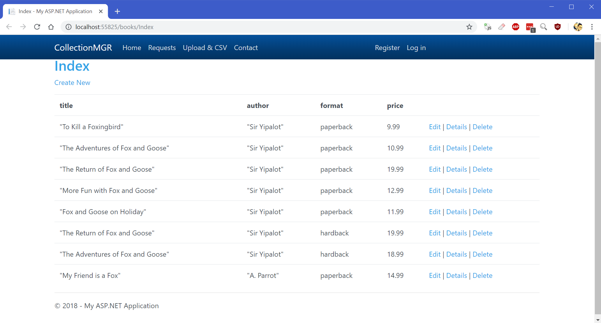 a Screen shot of a web browser nagivated to localhost/books/Index, which lists an html table showing the items from the database