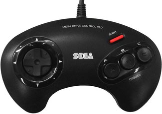 A picture of an old video game console controller, the Sega Genesis controller with its famous 'three button' layout of A - B - C.