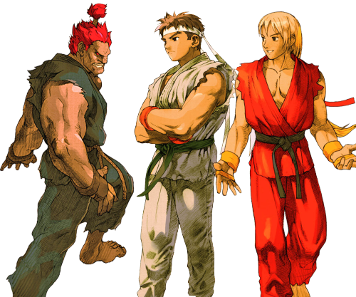 Depicts Ken, Ryu and Akuma, generally refered to as 'Palette Swap' or identical characters with different colors.  The joke is that I describe them as a 'Balanced team', when its effectively using three of the same characters in a team.