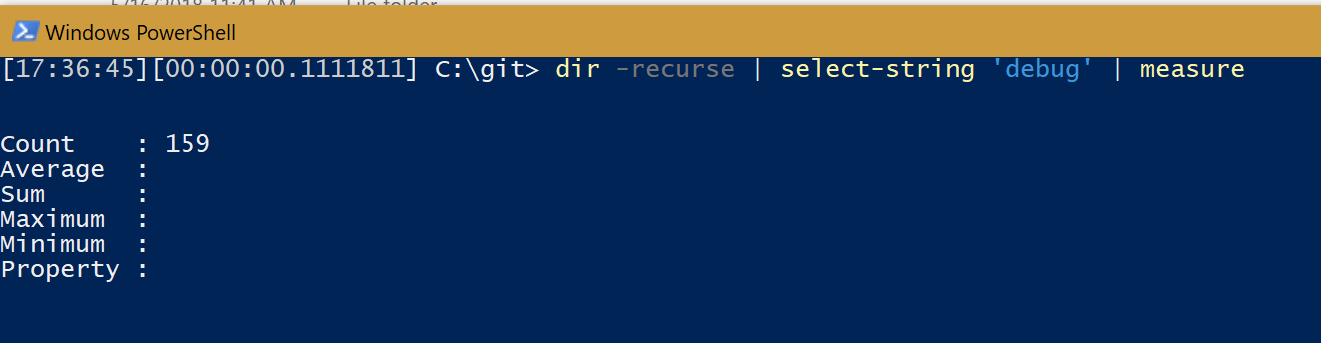 A PowerShell console window running the following command. Dir c:\git -recurse | select-string 'write-debug' | measure This shows that there are over 150 uses of this command in my PowerShell modules. Uh, probably too many!