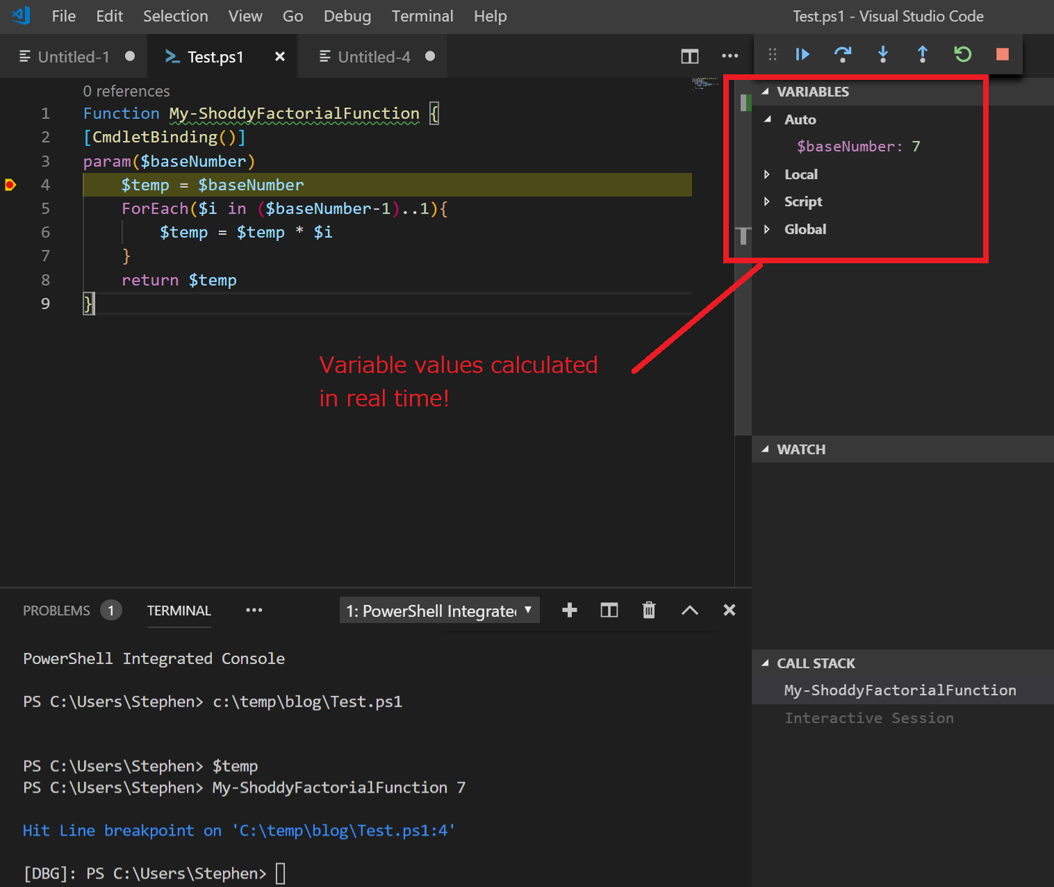 Depicts the Visual Studio Code application, paused at a breakpoint in a PowerShell script. The UI is broken into two columns, with the script on the left hand column with a command prompt beneath it. On the right column, there is a list of all variables and their current values. 