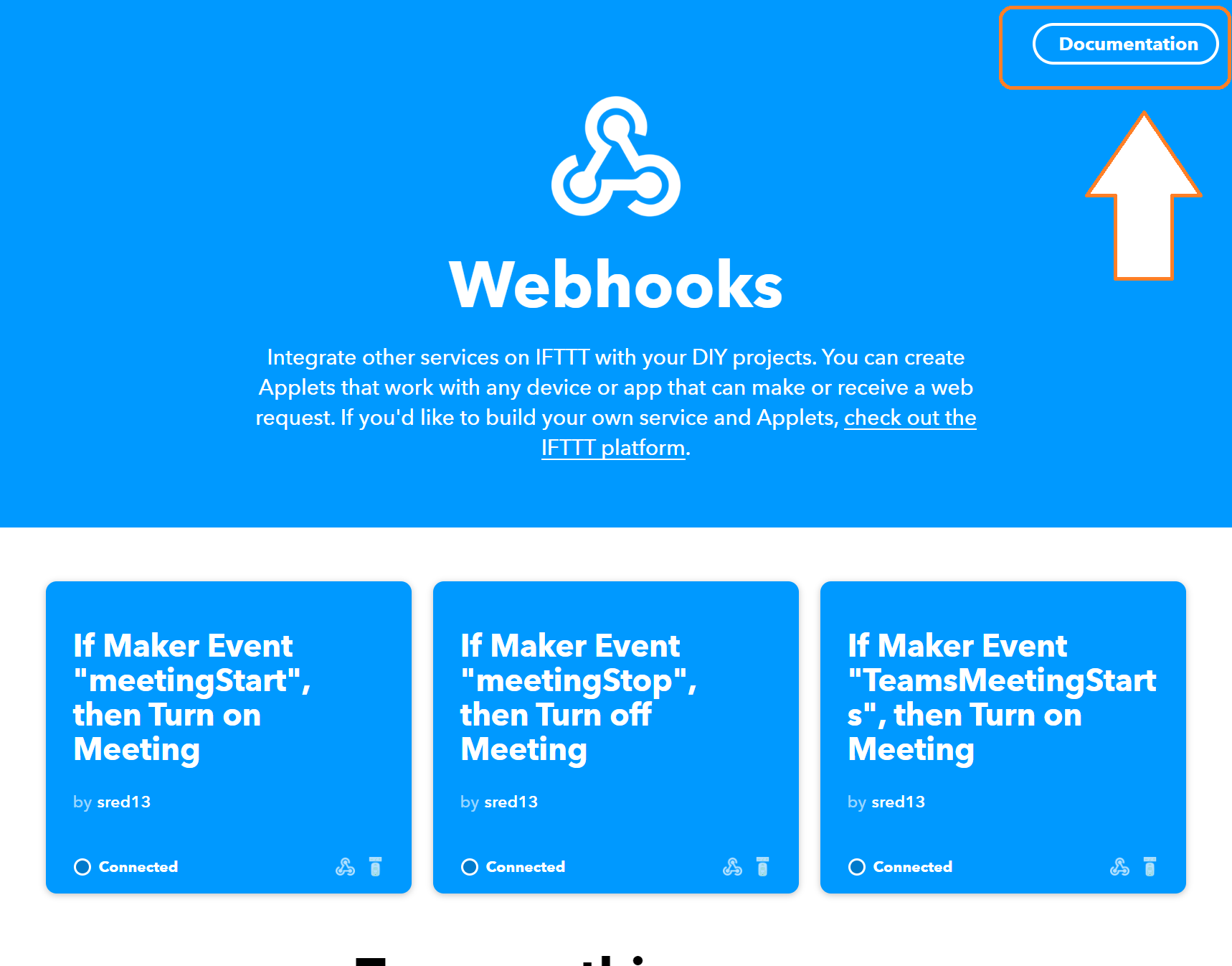 Depicts the maker\webhooks page and shows a box drawn around the large 'Documentation' button on the corner. 