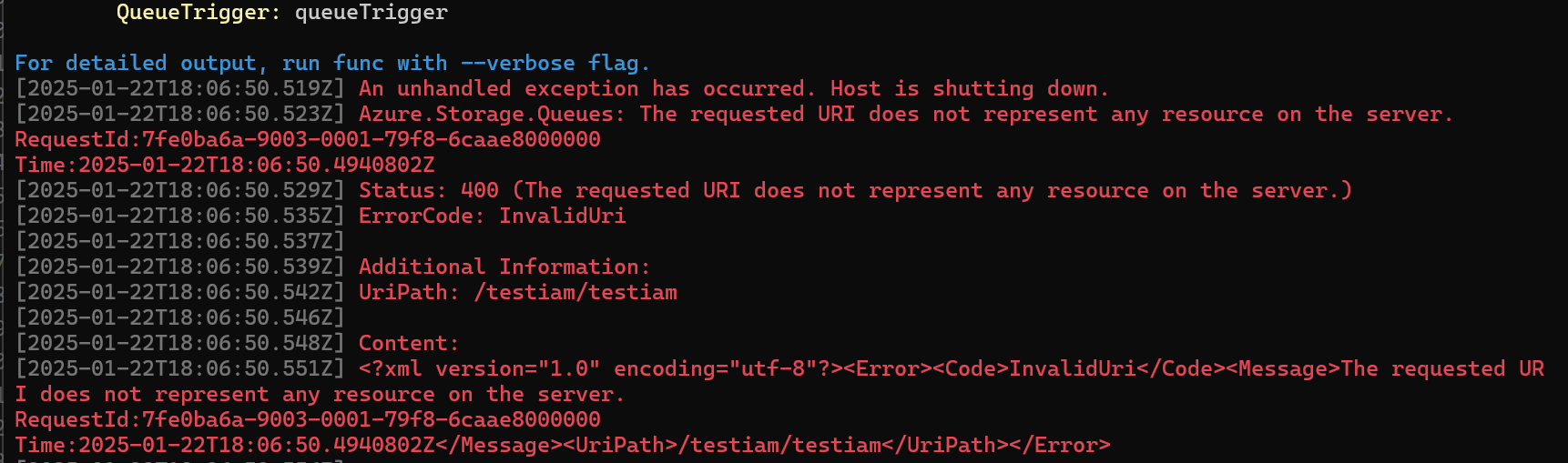 error message says 'Azure.Storage.Queues: the requested URI does not represent any resource on the server'